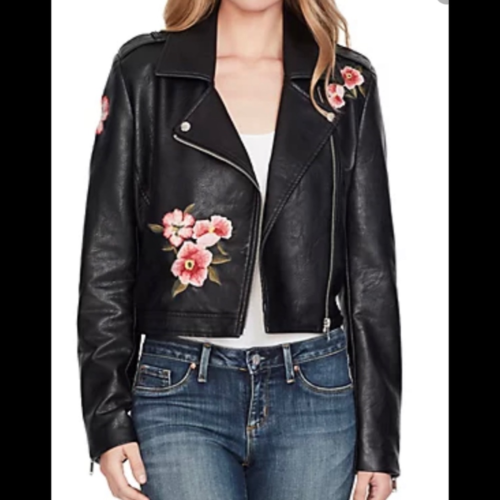 Jessica Simpson KENLEY Faux Leather Embroidered Biker Moto Jacket Large